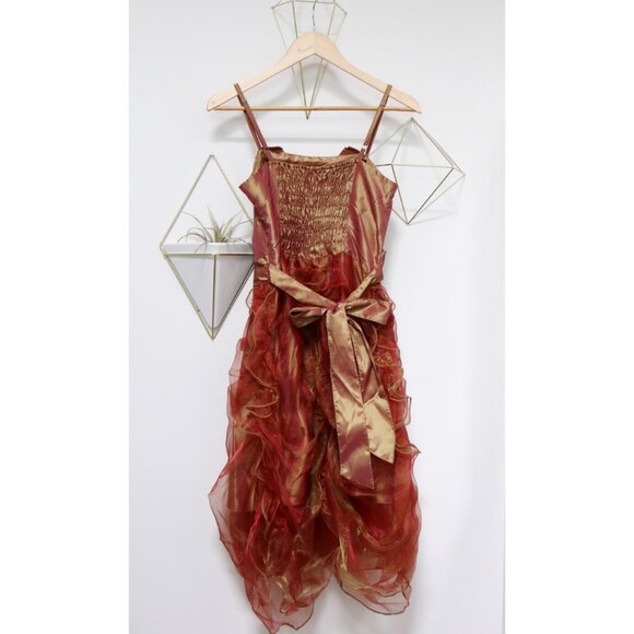 Y2K Two Tone Crimson & Gold Taffeta Prom Dress w/ Rosettes and Ruffles Formal - Picture 6 of 7